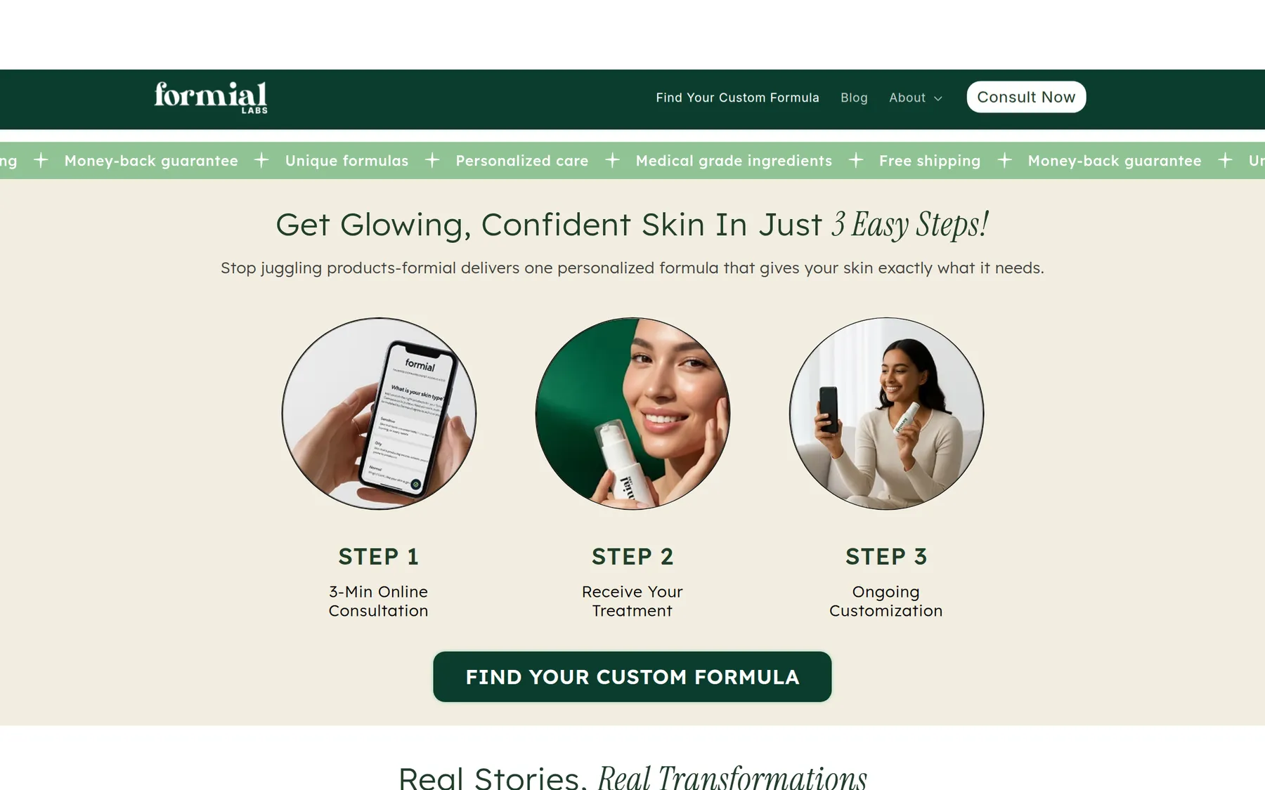 Formial marketing section showing three steps from consultation to ongoing customisation