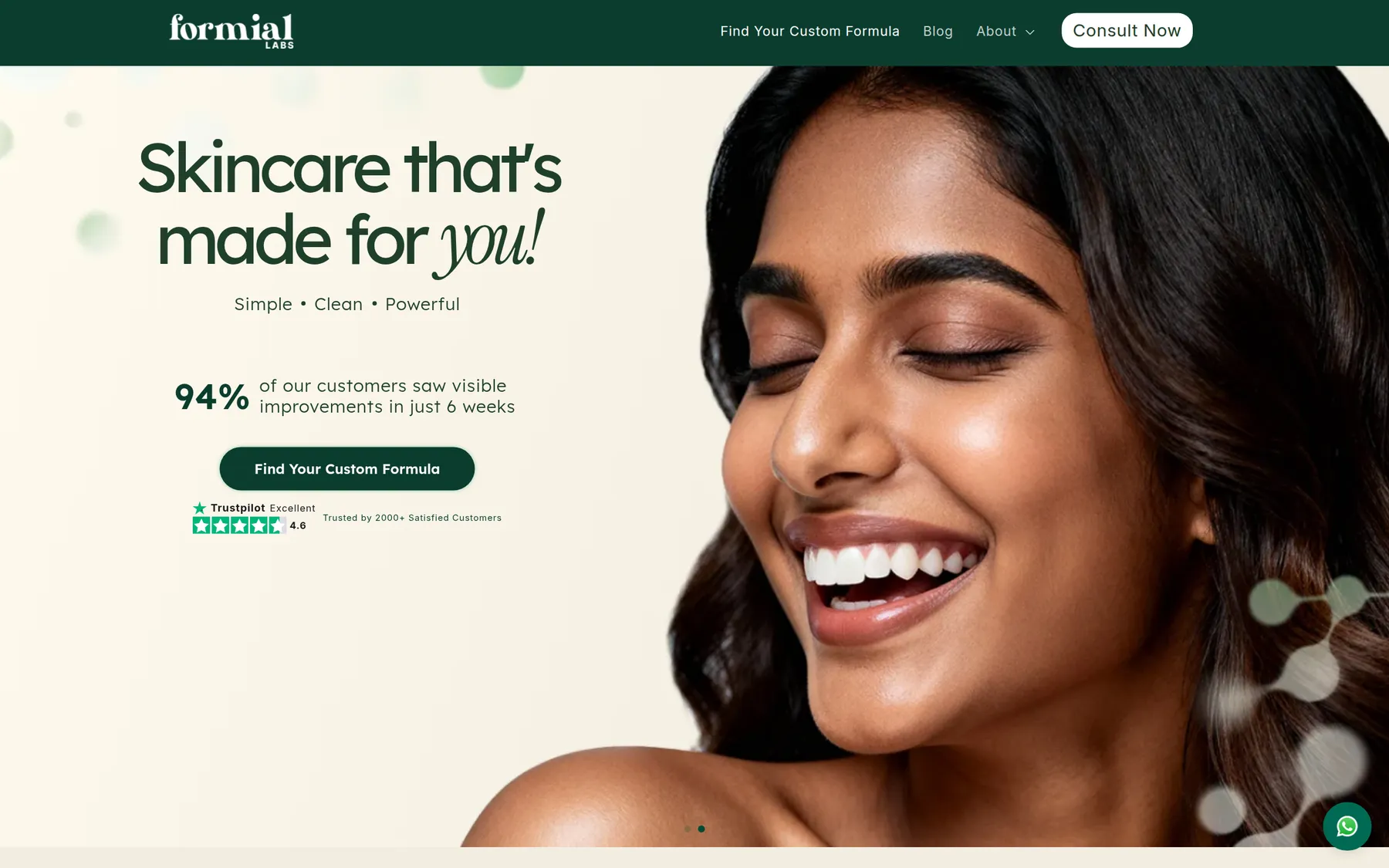 Formial Labs marketing homepage with the headline Skincare that's made for you and a consult call to action