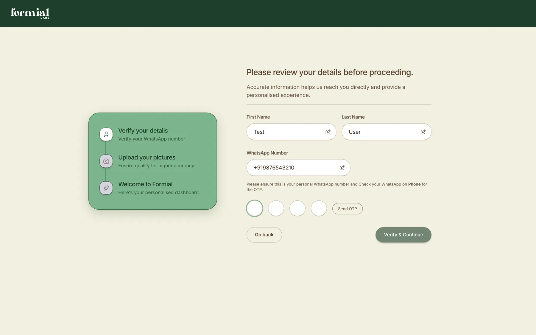 Formial onboarding step with a three-stage progress rail and a verify-your-details form