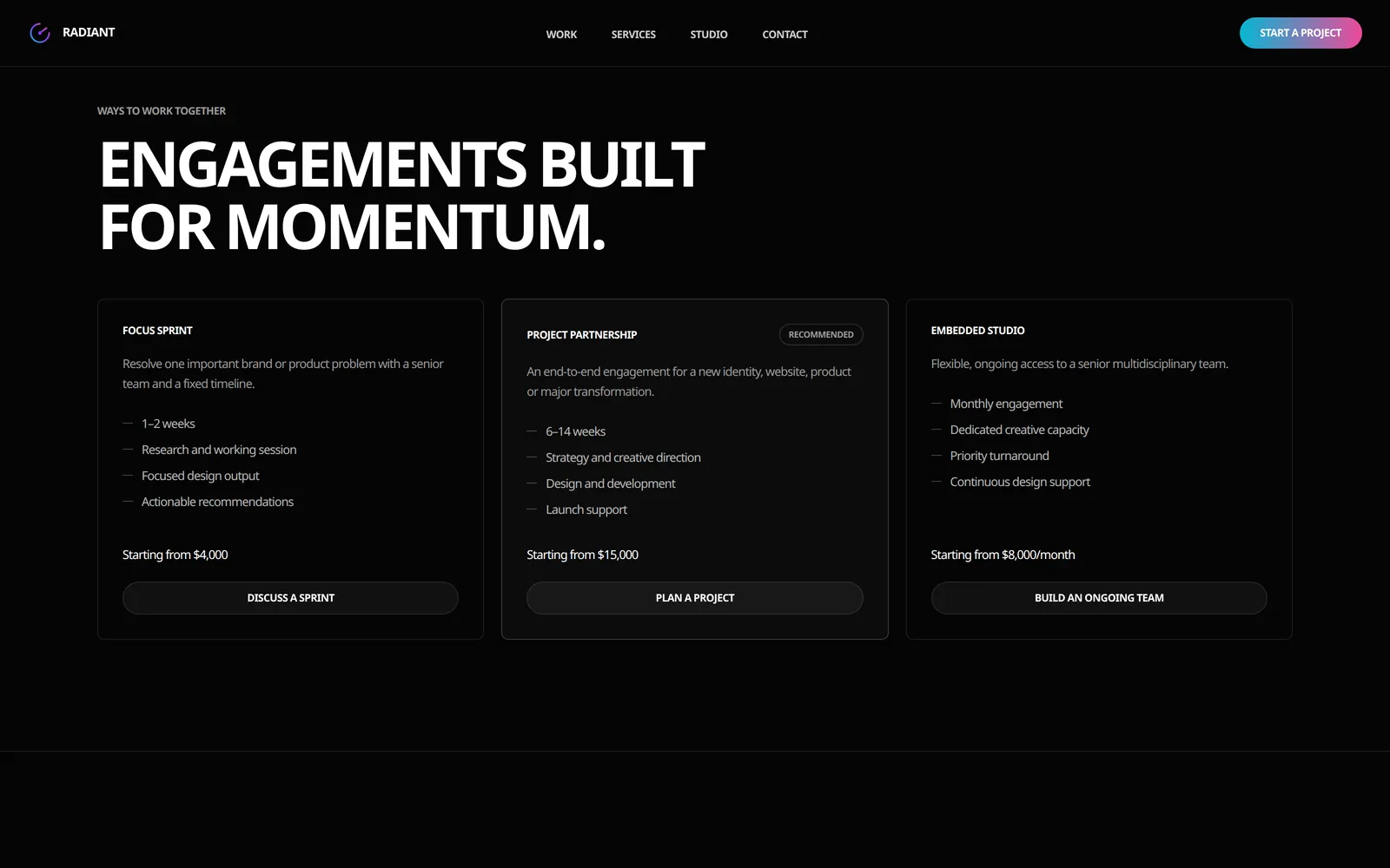 Radiant engagement models section showing three ways of working with scope and starting ranges