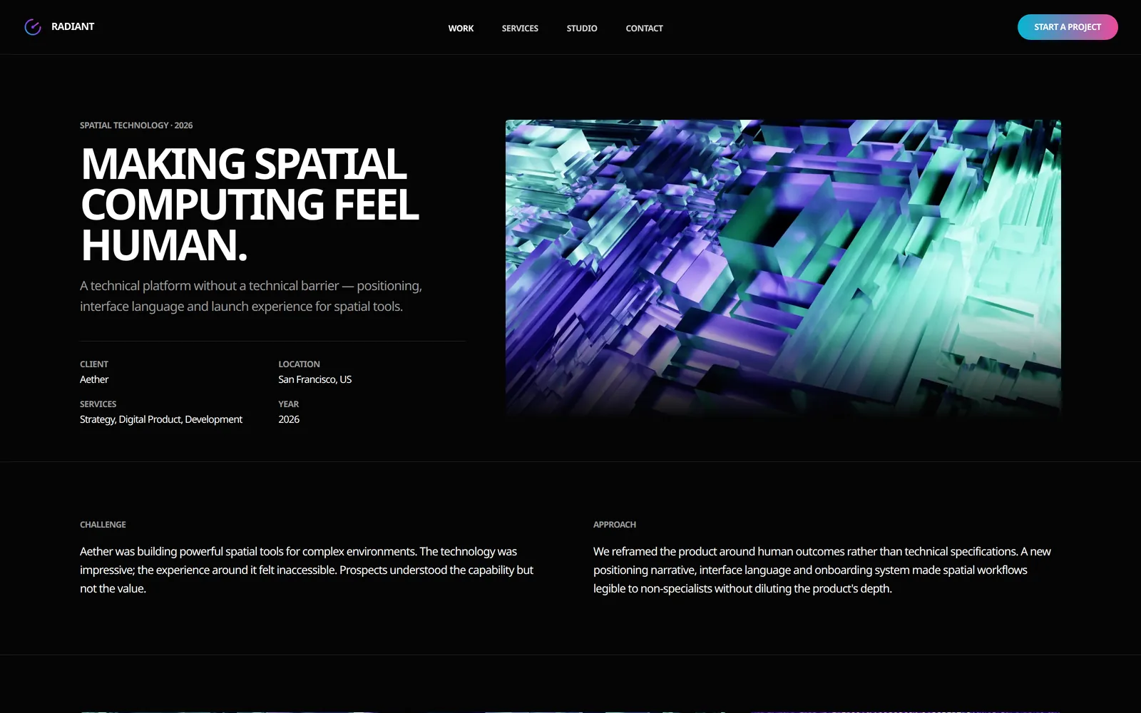 Aether project page on Radiant with the headline Making spatial computing feel human beside a spatial render