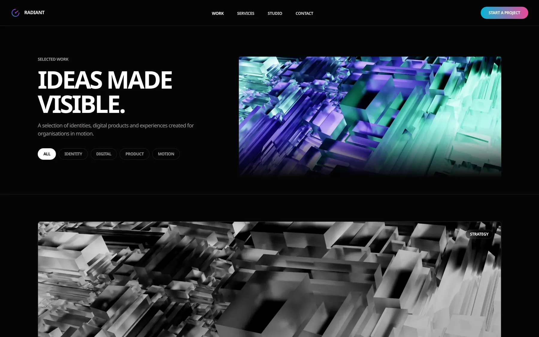 Radiant work index page showing the Ideas made visible headline, discipline filters and a featured project card
