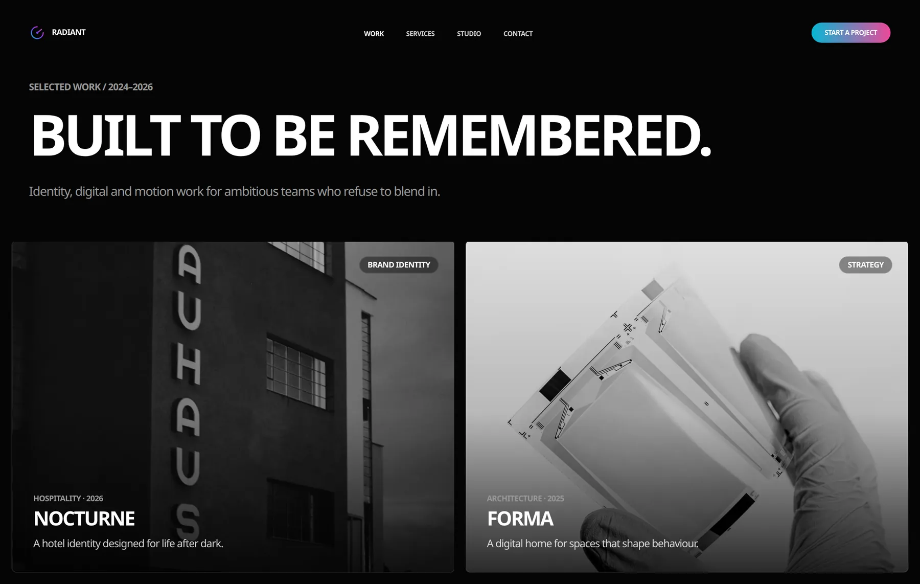 Radiant interface details: the navigation bar, an oversized section headline and two project cards with category tags and captions over monochrome imagery