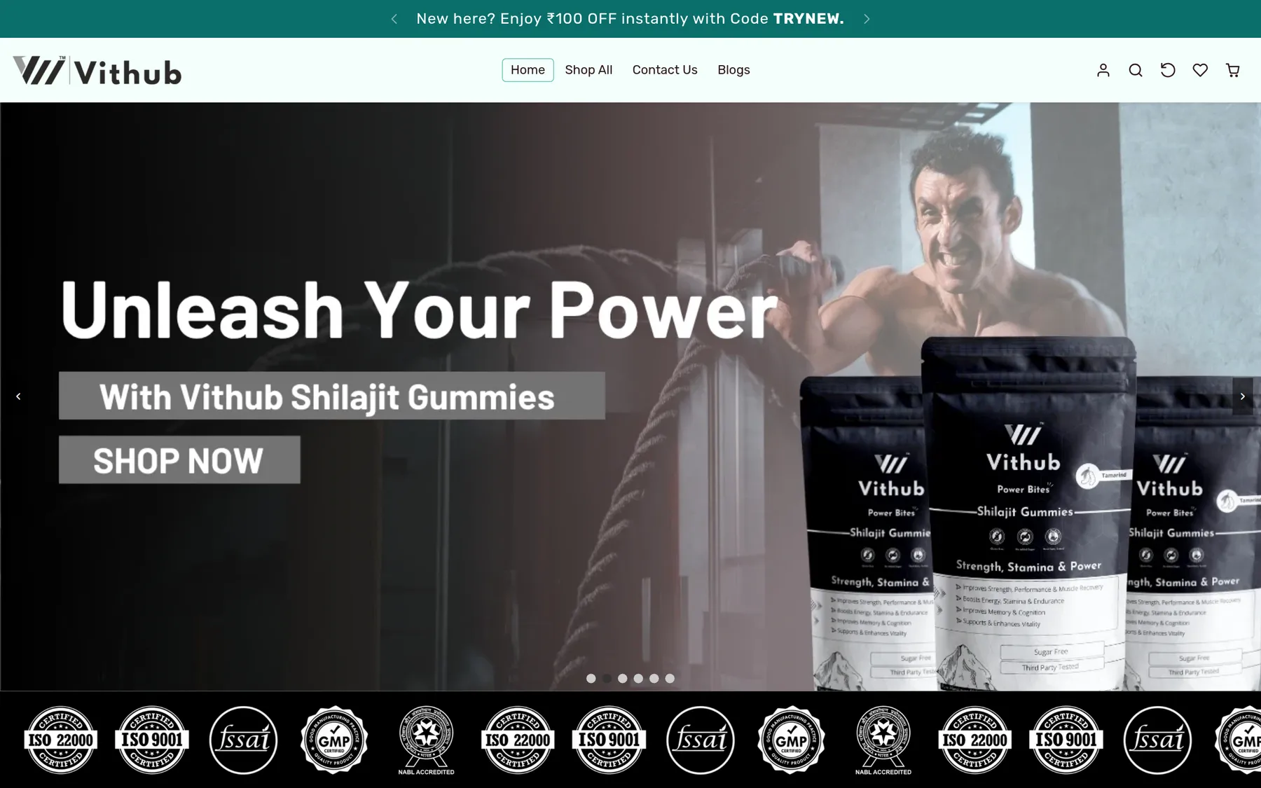 Homepage hero with campaign photography, product pouches and certification marks