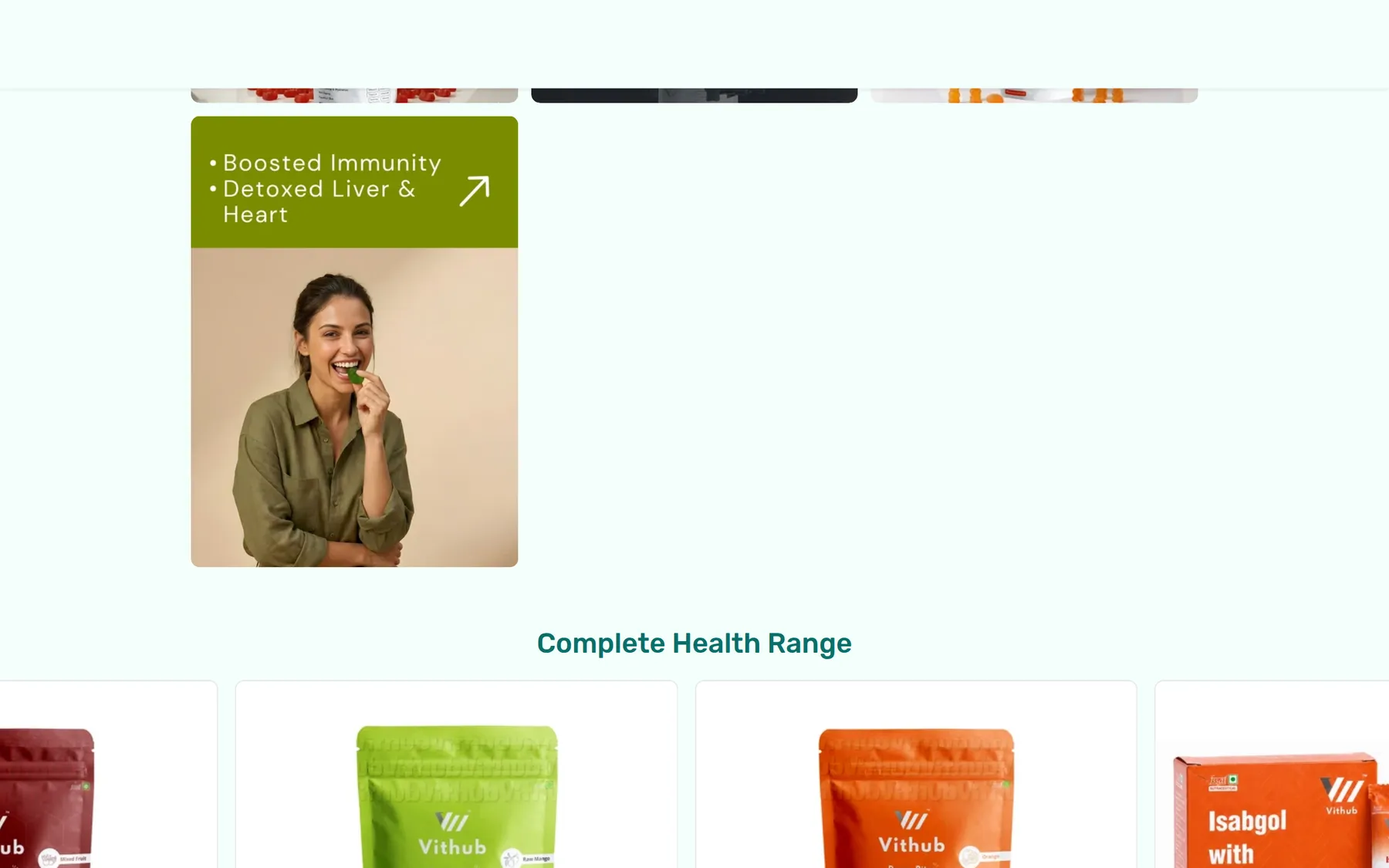 Vithub homepage Complete Health Range module with lifestyle photography and product pouches