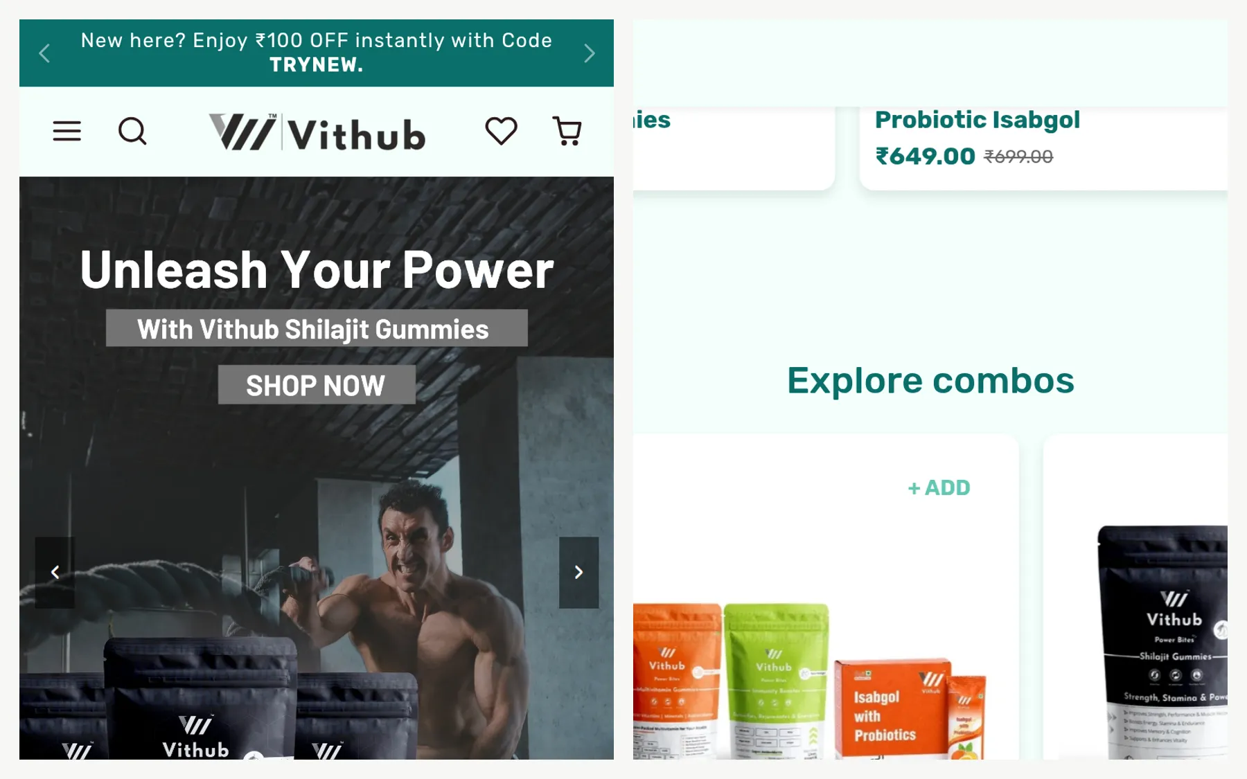 Vithub homepage on two mobile screens showing the hero campaign and product modules
