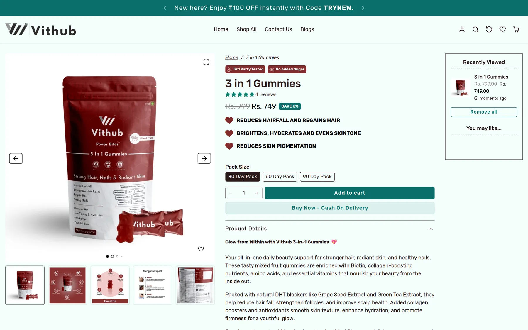 Vithub product page for 3 in 1 Gummies with gallery, benefits, pack size and add to cart