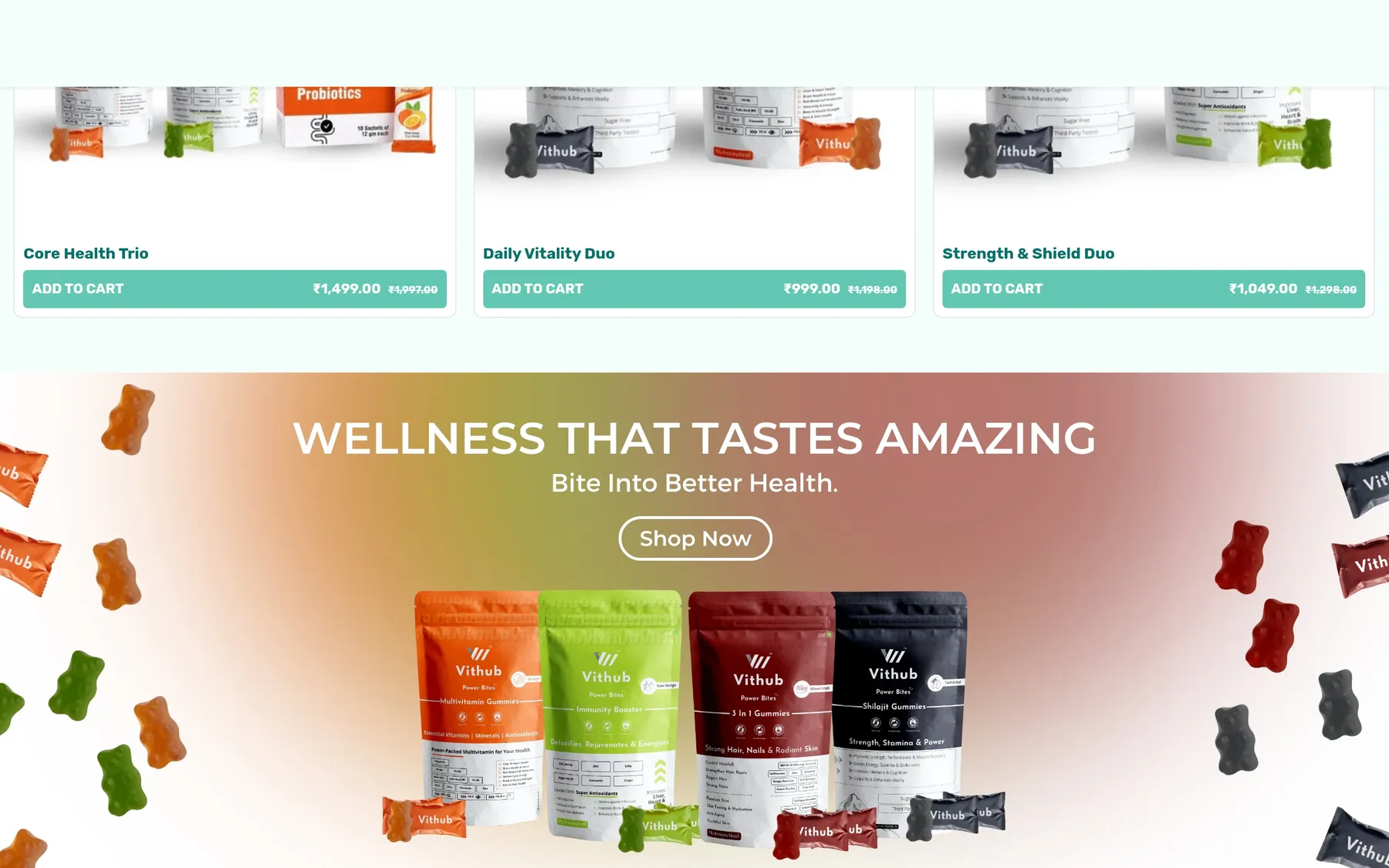 Vithub homepage wellness banner with product pouches and a Shop Now action