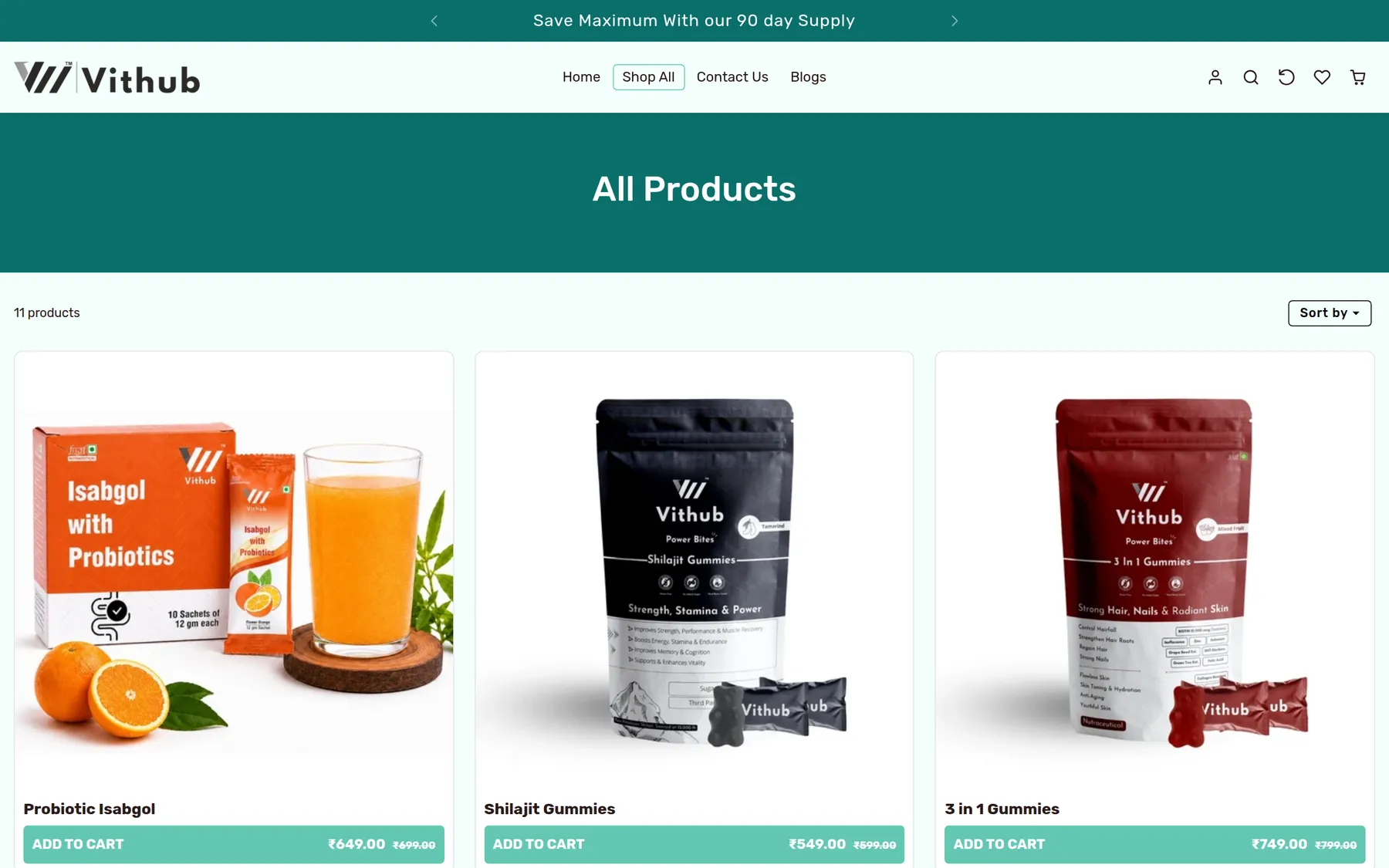 Vithub All Products collection page with a product grid and add-to-cart pricing