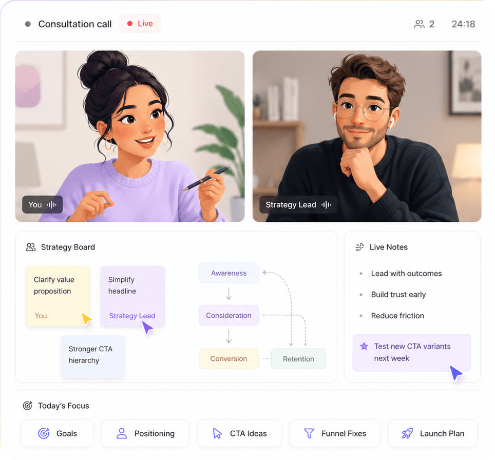 Live consultation call with strategy board, live notes, and focus areas