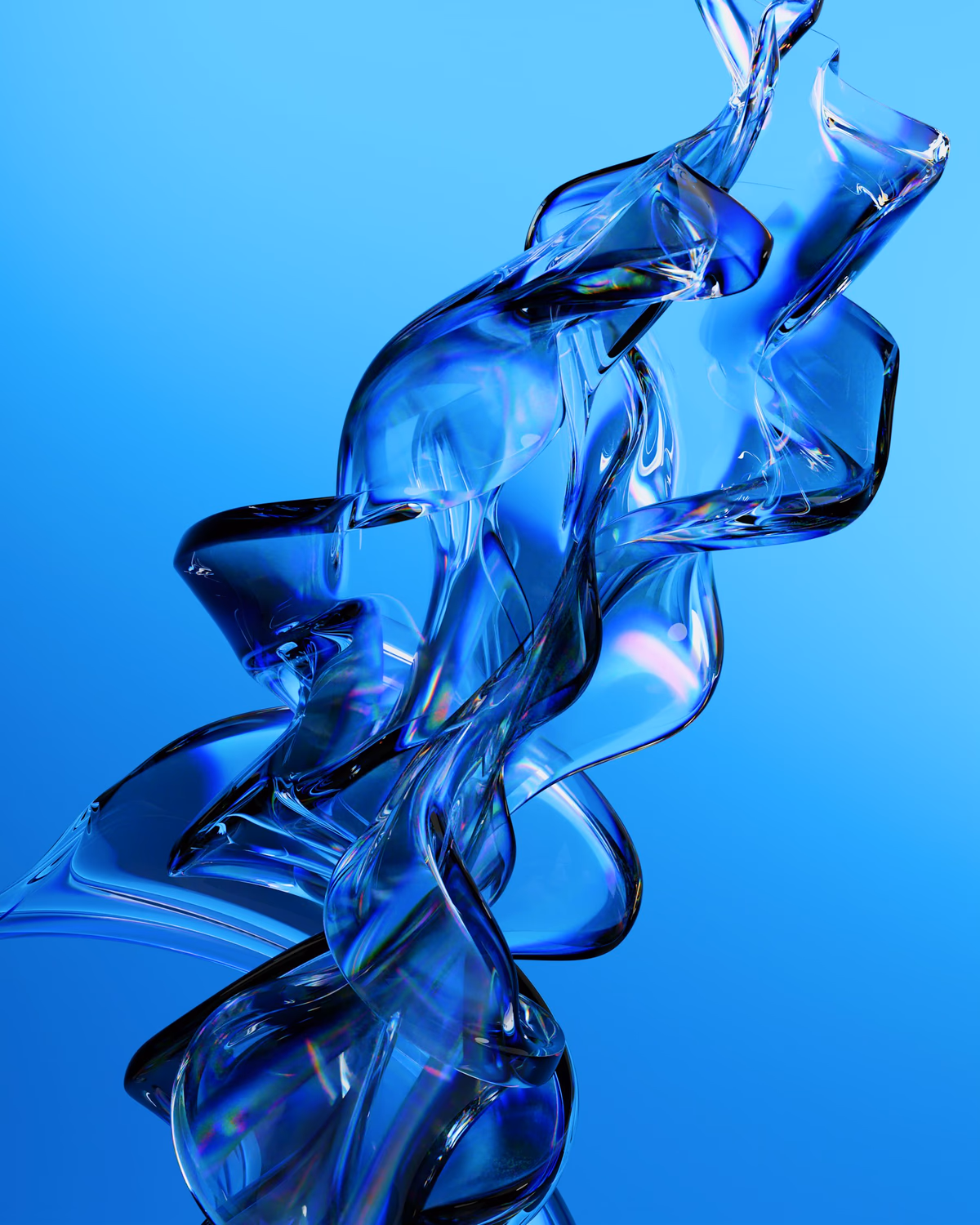 Abstract flowing blue glass sculpture on a soft gradient backdrop